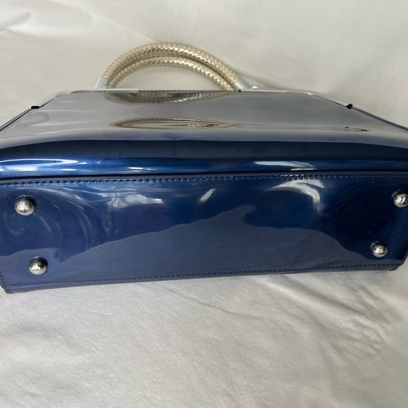 MG COLLECTION “MATANA” High Gloss Blue Faux Patent Leather Evening Satchel - Picture 4 of 11